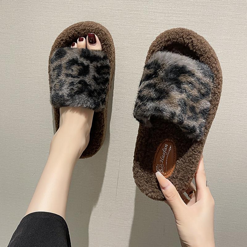 fashion 2024 Hot Sale Women's Shoes Peep Toe Women's Slippers Fashion Leopard Print Daily Slippers Women New Short Plush Flat Slippers
