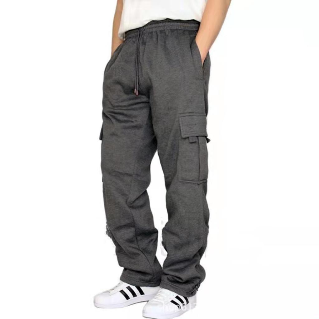 Sports Casual Trousers with Fleece Tied Feet and Multi-pocket Tether Men's Loose Tooling Trousers