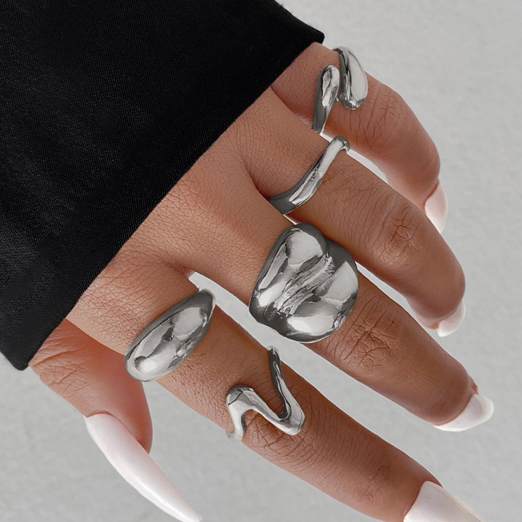 15 st/set Överdrivna Metall Oregelbundna Linjer Vattendroppe Släta Ringar för Kvinnor Män Punk Retro Boho Mode Smycken Gåva