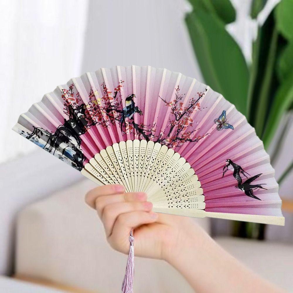 Bamboo Hand Fan Silk Shank Classical Dance Fan Outdoor Vintage Folding Fan Clothing Accessories