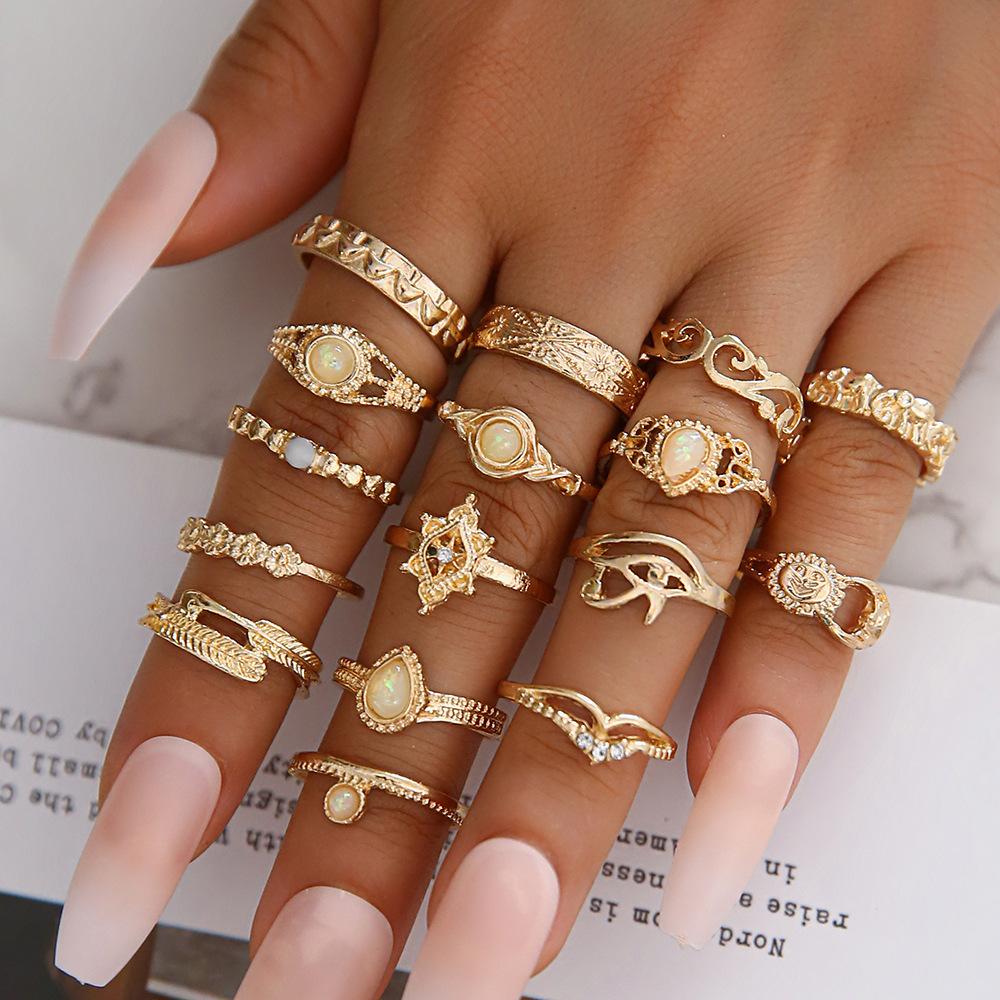 16Pcs Bohemian Vintage Geometric Ring, Opal Ring, Hollow Joint Ring