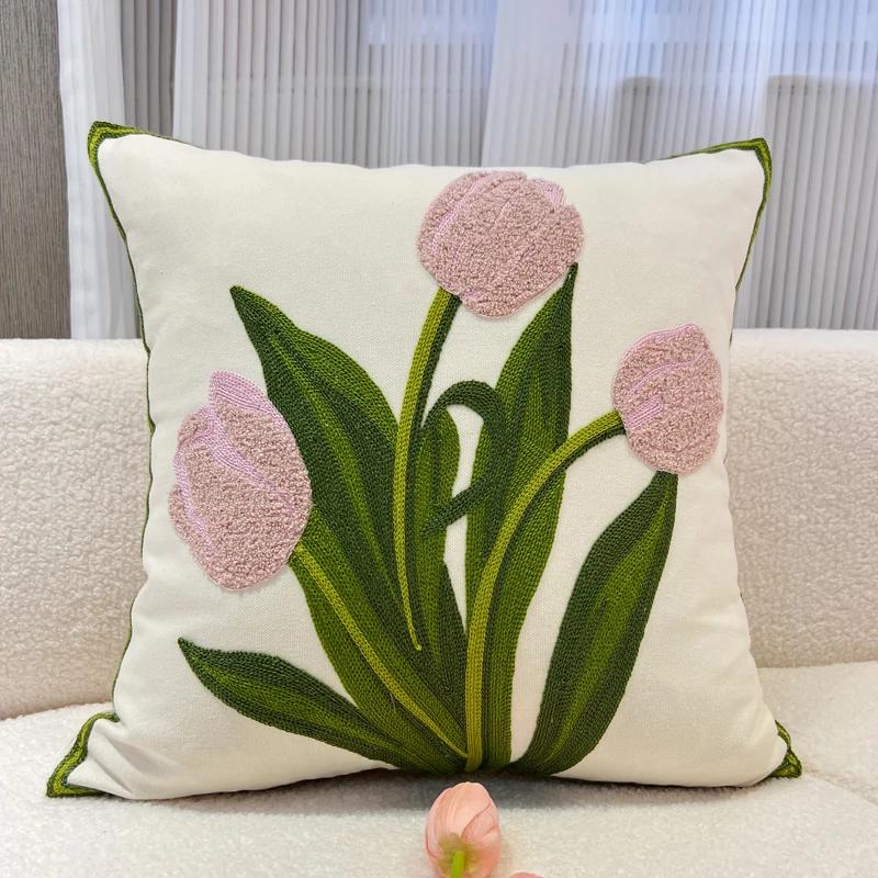 Retro Tulips Orchid Flower Embroidered Pillowcase Cushion Cover Morden Casual Cotton Case Sofa Bedroom Decro 45x45cm