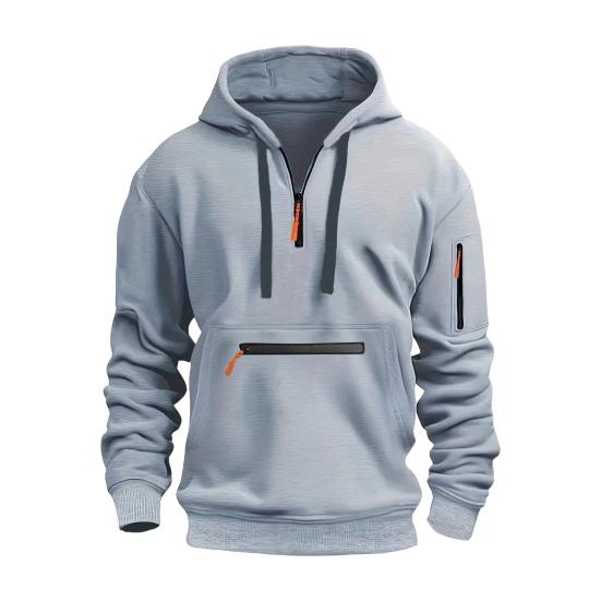 Fall Winter Men Hoodie Zipper Decor Hooded Long Sleeves Loose Pure Color Multi Pockets Drawstring Elastic Cuff Pullover Top