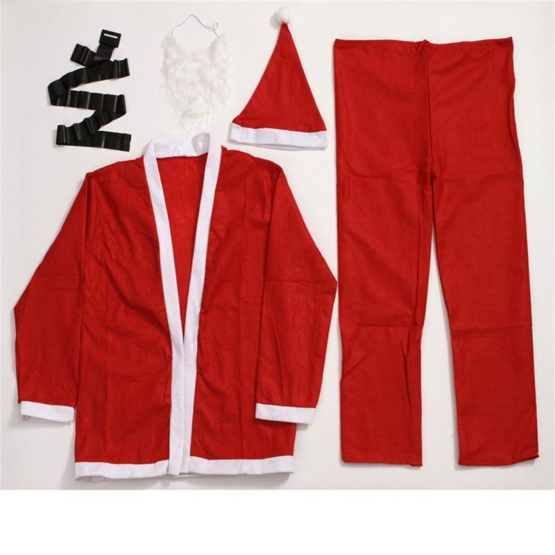 5Pcs Santa Suit for Adults Jackets,Trousers,Beard,Hat Belt Red Deluxe Santa Clauses Costume Christmas Party Cosplay