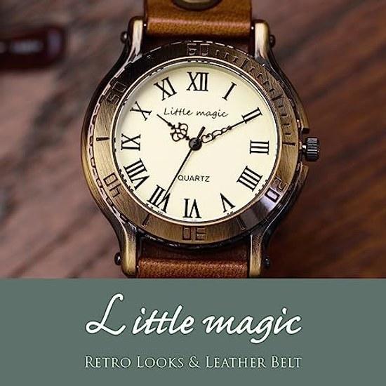 Little MagicAging Japan LeatherMade MovementMetal Allergy FriendlyWristwatchMensWomensClockAntique Style Old Clock (Brown M Size)
