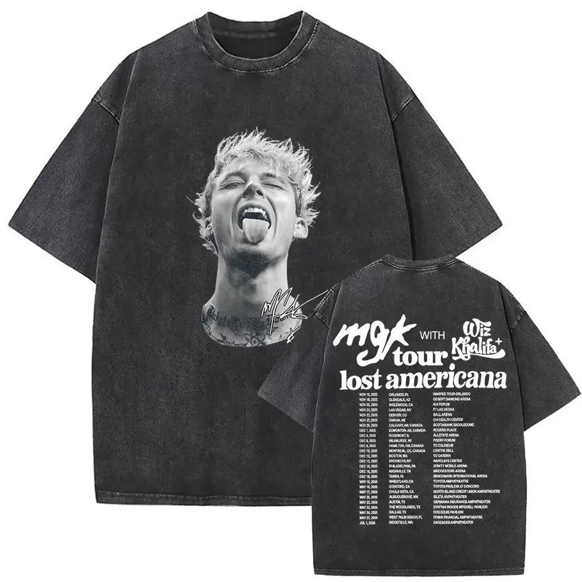 Rapper MGK Lost Americana Tour Tshirts Machine Gun Kelly Vintage Washed Graphic T Shirt Mans Hip Hop Short Sleeve Tshirt