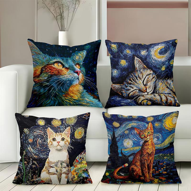Van Gogh Style Cat Printed Decorative Throw Pillow Polyester Pillowcase, Sofa Decorative Cushion Cov Headboard Pillow