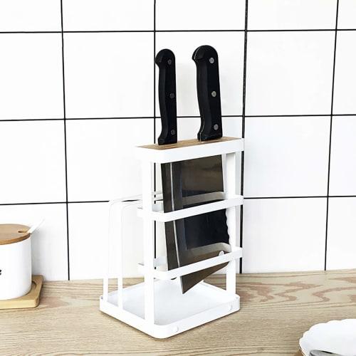 VANRA? Cutting Board Stand, Knife Stand, Iron, Holds Drainer, Cutting Board, Pot Lid, and Wooden Knife Holder (White, with Tray)