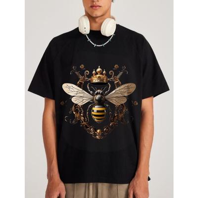 Herren Schwarzes T-Shirt Biene mit Krone und verschnörkeltem Design Grafikdruck Lässig Streetwear Mode Top