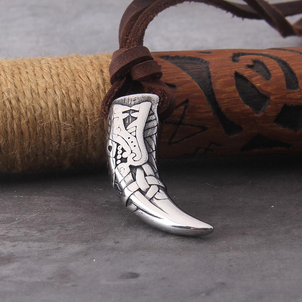 Wolf Fang Tooth Pendant Necklace with Carving Patterns In Wooden Box Never Fade Gift for Men