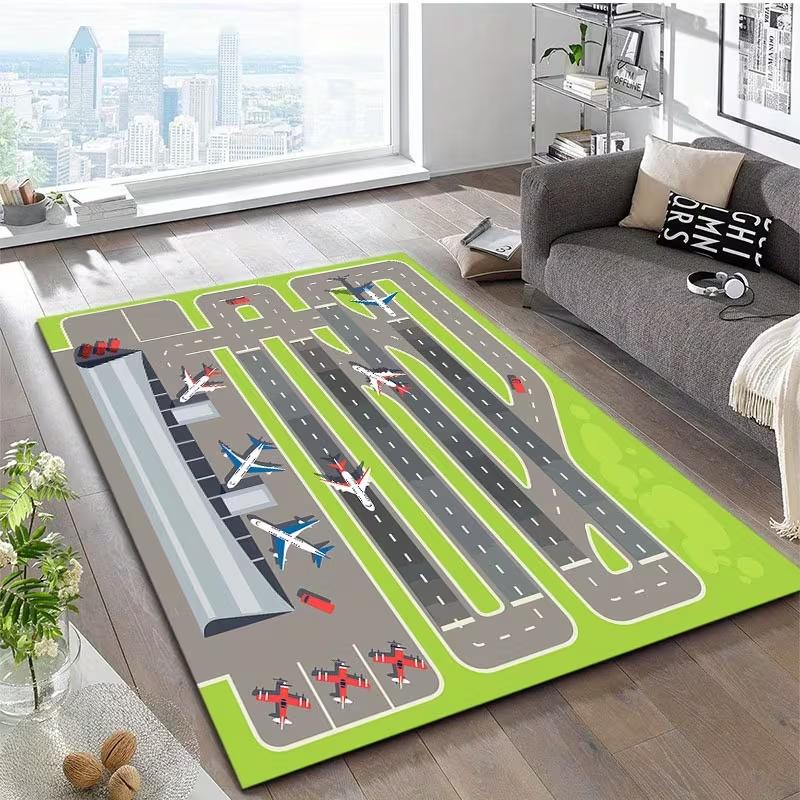 Covor de Joacă Realist cu Pistă de Aeroport pentru Copii, Antiderapant, Moale, Educațional, Interactiv, pentru Dormitorul Copiilor, Camera de Joacă și Zona de Jocuri