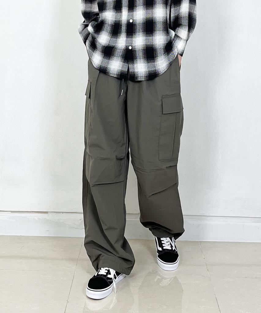 SK8ER ROCK Knee Tuck Cargo Nylon Wide Pants Dimgray