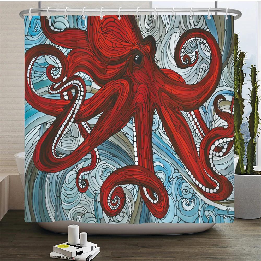 Octopus Seas Douchegordijnen Badgordijn 180*180cm Waterdicht Badkamer Woondecoratie Wasbaar Stoffen Badkamerscherm Met 12 Haken