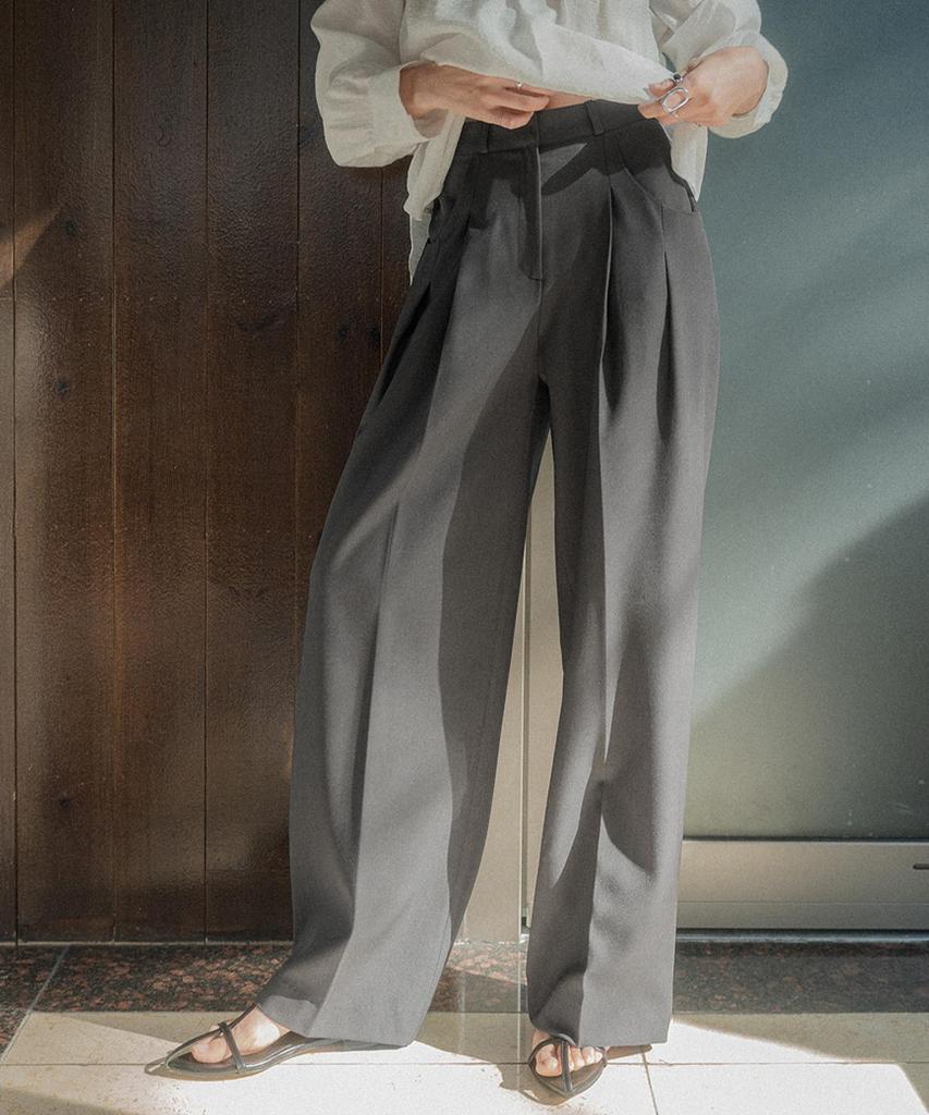 Memua Elbor Pintuck Wide Slacks (Charcoal)