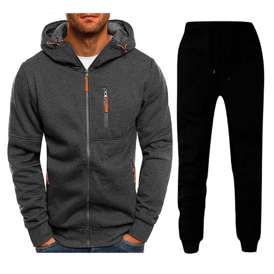 2024 Men's Winter Sports Leisure Fitness Multi Zipper Set Hooded Sweatshirt and Pants
