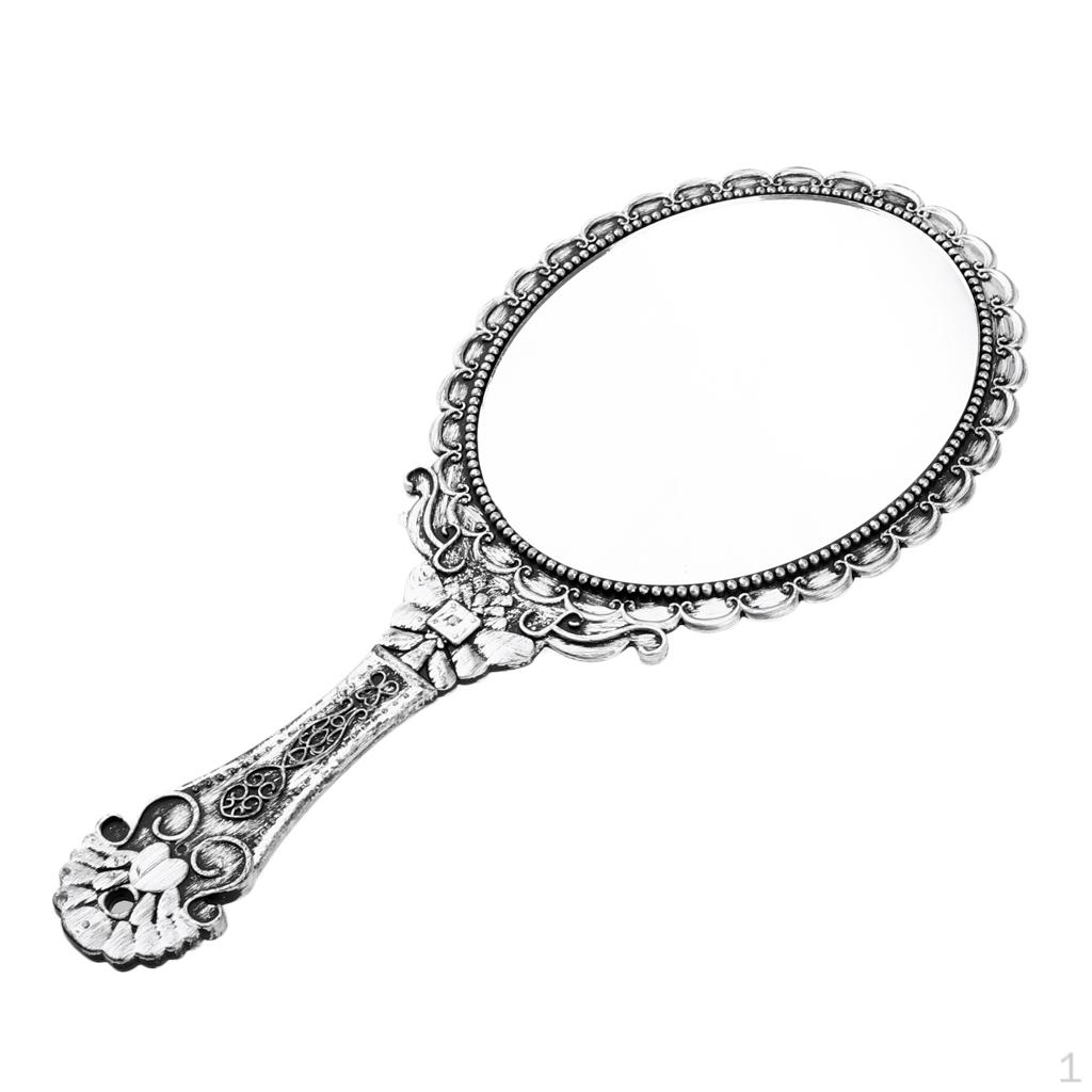 HAND HELD MIRROR WITH Embossed Rose Pattern for Makeup, Oval Round