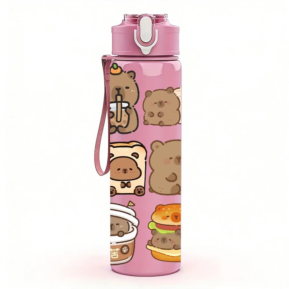 1PC Stack Bread Bear Cartoon 750ml Color Plastic Sports Water Bottle Leakproof Flip Straw Lid Suitable for Sports Office Home Use
