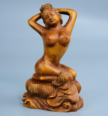 Chinese Antique Boxwood Carved Beautiful Woman Statue Sexy Sculpture Home Decor