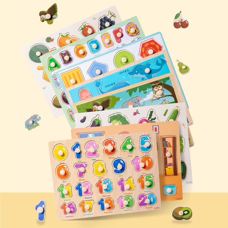 Montessori Holzpuzzles Handgreifbretter Spielzeug Tangram Puzzle Kleinkind Lernspielzeug Cartoon Fahrzeuge Tiere Früchte 3D Puzzles