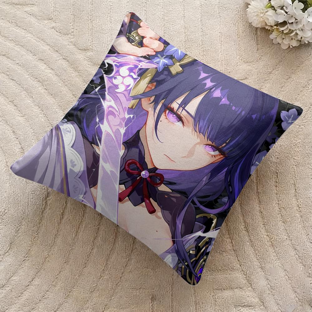 Raiden Shogun Genshin Impact Cushion Cover Silky Short Plush Invisible Zipper Dustproof Sofa Pillow Case For Home Decor