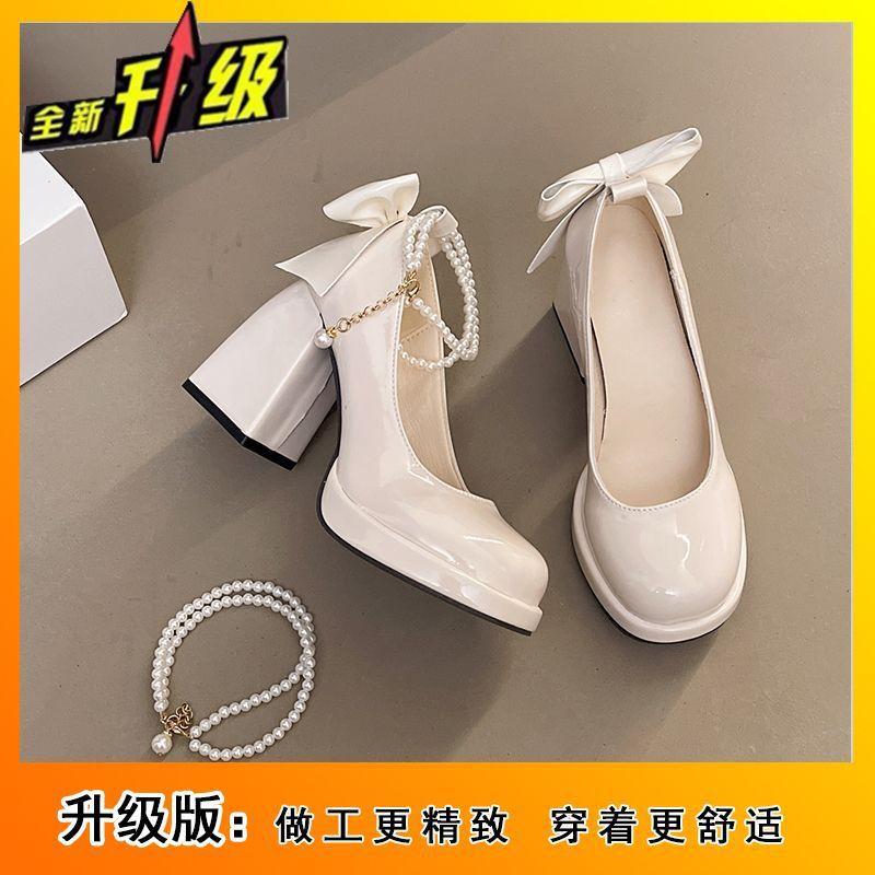 2025 Spring and Summer New Mary Jane Single Shoes Fairy Style Word with Fashion Shoes Pearl Thick Heel with Skirt High Heels