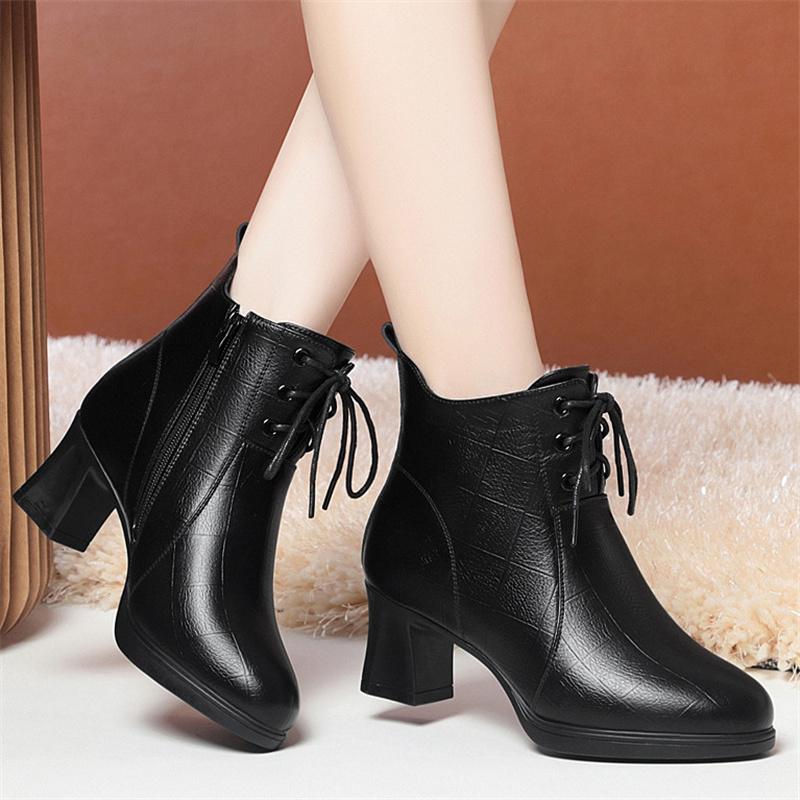 Fashion Elegant Comfort Soft Leather Thick Heel Ankle Boots Women Lace Up Pointed Toe Autumn Winter Warm Party Casual Platform Boots