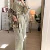 2026 Spring and Autumn New European and American Women's Clothing Cross-border Straps Lantern Sleeves Cardigan Top Wide Leg Pants