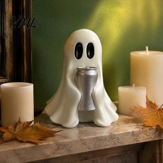 Compact Ghost Statues Halloween Figurine with Drinks, Resin Statue, Cute Spooky Desktop Holiday Accents Ornament for Party Tabletop Decorations