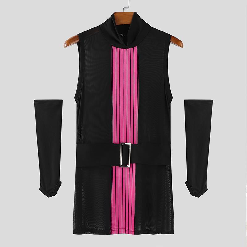 INCERUN Men Sleeveless Striped Stitching Mesh Sheer Fitted Tank Tops with Oversleeve