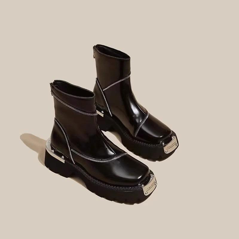 Square Heel Spring/autumn Modern Boots Round Toe Low Heel Ladies Shoes High Quality Solid Zipper Punk Women's Boots