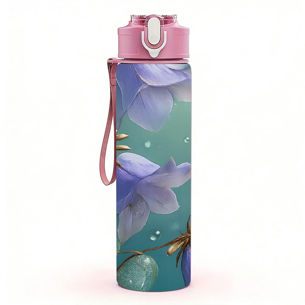1PC Purple Bell Flower Watercolor Print 750ml Color Plastic Sports Water Bottle Leakproof Flip Straw Lid Suitable for Sports Office Home Use