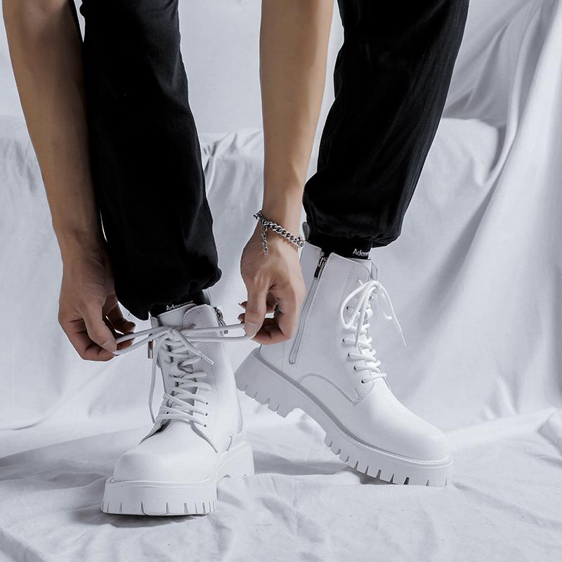 Fashion New Lace-Up Men Casual Motorcycle Boots Leather Men Fashion High Top Walking Shoes All-match Non-Slip Outdoor Boots