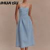 Sexy Damen Sommer Trägerloses Einfarbig Ärmellos Denim Neckholder Kleid