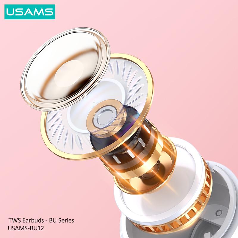 USAMS Bluetooth 5.1 TWS juhtmevaba kõrvaklapp läbipaistev korpusega peakomplekt stereomüra vähendamine bassi puutejuhtimine pikk ooterežiim 300 mAH