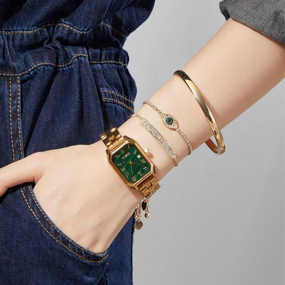 TIME100 Gold Ladies Wristwatch Quartz Gift Set Stainless Steel Elegant 3 Bracelets Gift Packaging