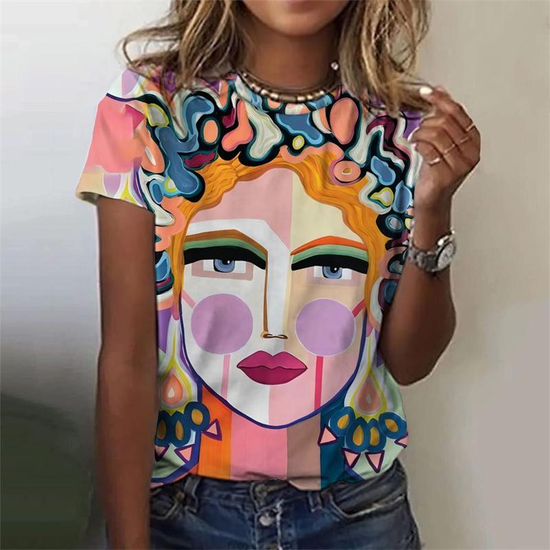 T-shirt 3D Imprimé Drôle Abstrait Pour Femmes T-shirts Colorés Motif Visage Été Décontracté Manches Courtes Col Rond Hauts T-shirts Amples