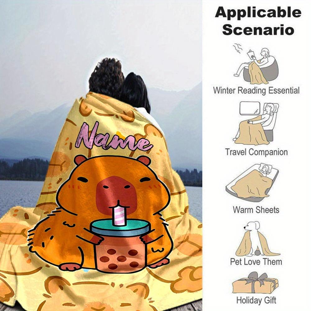 Hamster Drinking Bubble Tea Cartoon Print Blanket Personalized Name Soft Lightweight Versatile Suitable For Sofa Bed Picnic Office Car Travel Machine