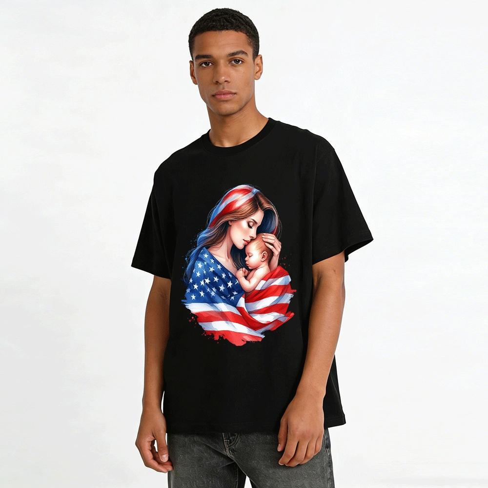 American Mother And Baby Flag Print Casual Top Pure Cotton T-shirt
