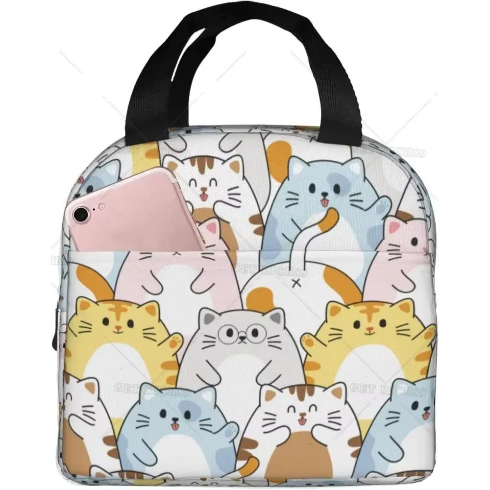 Pink Summer Fruits Watermelon Pineapple Cat Insulated Lunch Bag for Girls Reusable Lunch Tote Portable Lunch Box Cooler Bag