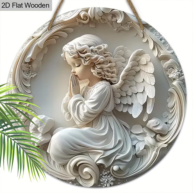 Rustic Wooden Sign with Angel Pattern -Charming Round Sign for Front Door, Wall, Porch Hanging Decor - Ideal Home Decoration