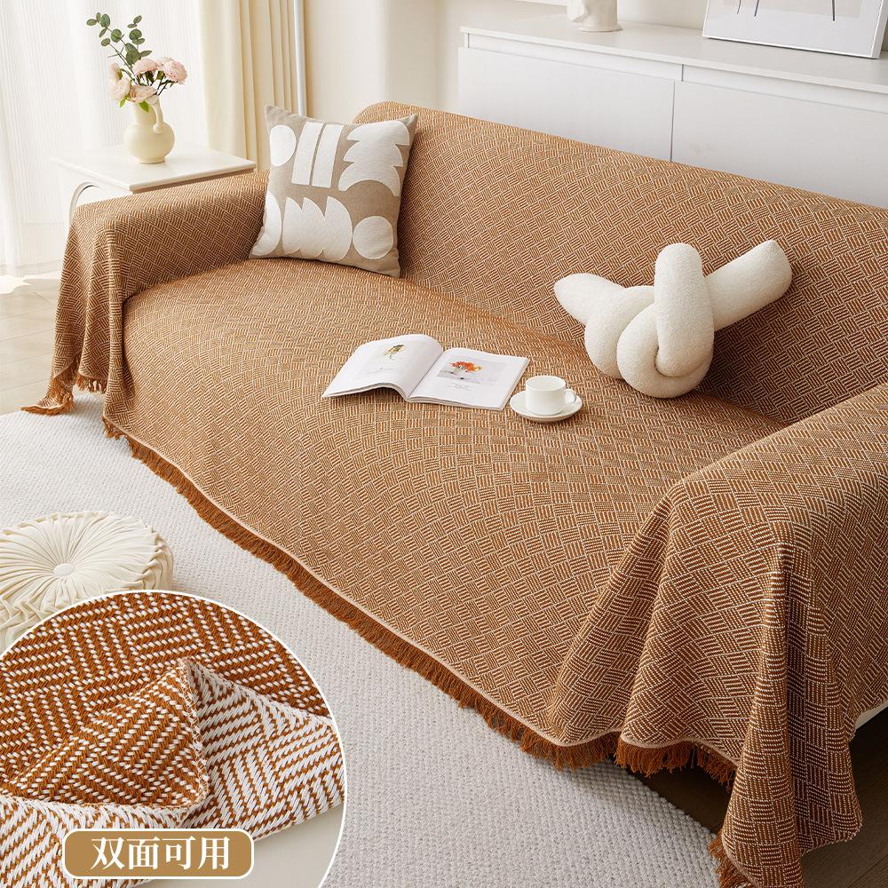 Ins Style Double-Sided Soft Cotton Yarn Sofa Throw Minimalist One-Piece Sofa Mat Machine Washable Full Coverage Sofa Cover Multi-Use Blanket
