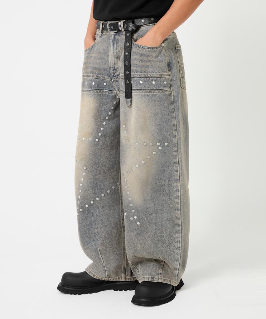 TRILLION Star Hot Fix Balloon Fit Washed Denim Pants_3Color