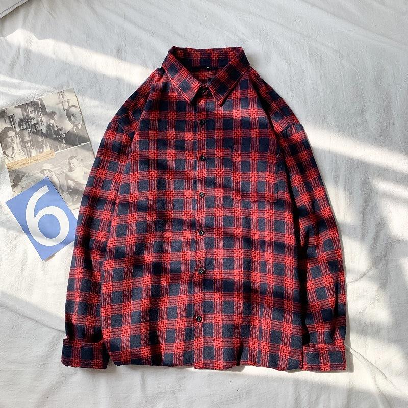 Chemise à carreaux bleu automne pour homme à manches longues chemise veste style coréen ample et handsome style Hong Kong protection solaire tenue de couple homme
