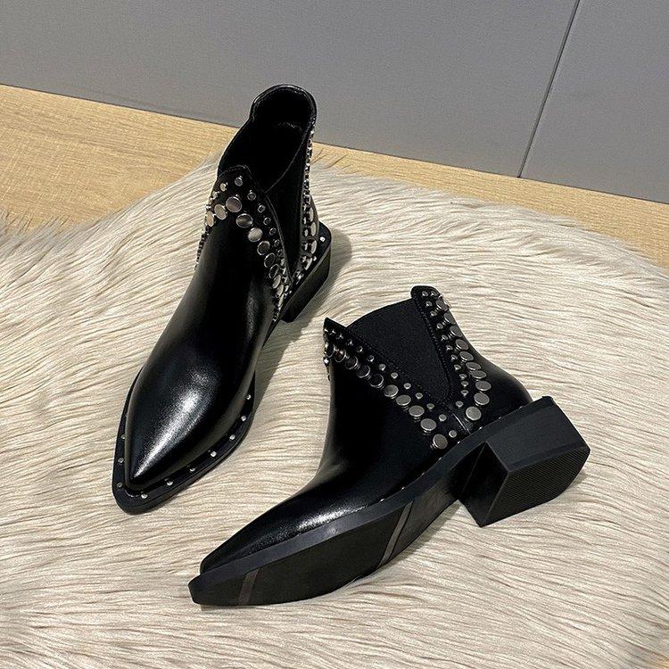 Mode Herbst Winter Damen Schuhe Stiefel Schwarz New Rock Pole Dance Nieten Klobige Absätze Western Spitzzehe Chelsea Kurze Stiefel Trend