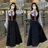 Autumn Fake Two-piece POLO Collar Dress Women's Large Size Temperament Waist College Style Splicing Shirt Skirt