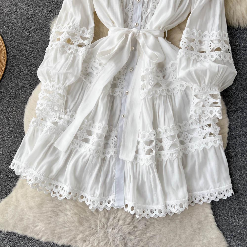 Spring Vintage Lace Hollow Out Long Lantern Sleeves Single Breasted Dress Casual Women A-LINE Autumn Dresses