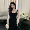 2024 Summer French Retro Hepburn-Style Slim Black Suspender Dress for Women