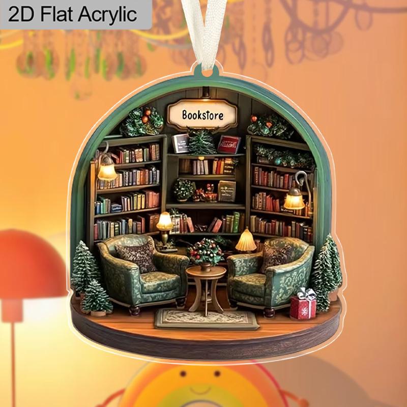 Acrylic Charm Vintage Bookstore Scene Pendant for Book Lovers Room Decor Backpack Accessory Key Pendant Back-to-school Season Gifts
