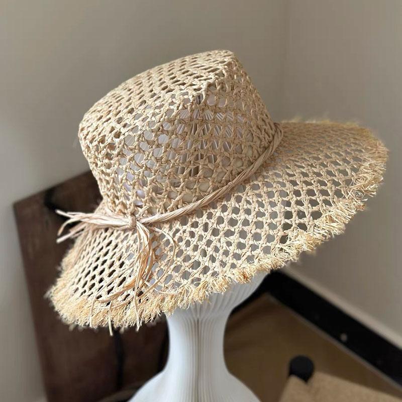 New Retro Hollow Raffia Bowknot Flat Top Straw Hat Raw Edge Sun Hat Summer Panama Jazz Bucket Beach Hat Vacation Derby Cap