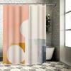 Modern Bathroom DecorCream Peach Shower Curtain with White Design for Bathtub In White Tiles Bathroom Set Includes Rings (180x24
